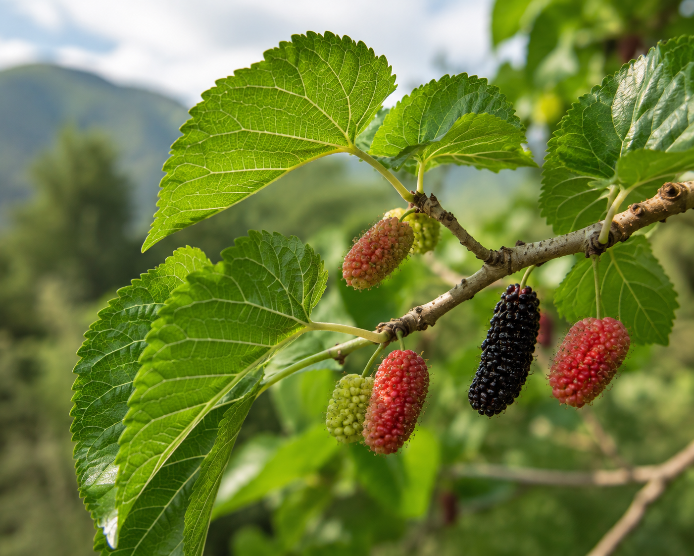 Pakistan mulberry branch with ripening fruit